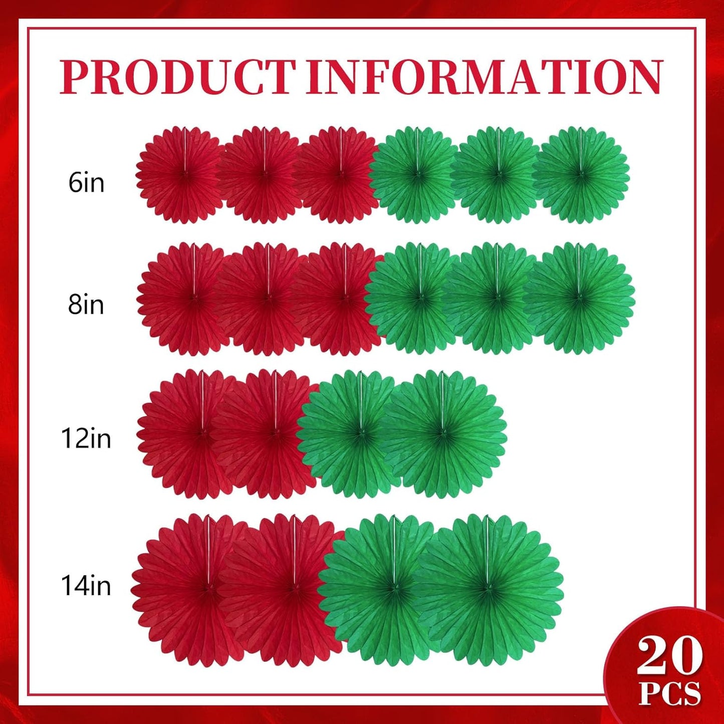 20 Pcs Red Green Hanging Paper Fan, Hanging Honeycomb Round Paper Fans for Weddings, Birthdays, Christmas, Baby Showers, Classroom, Events Ceiling Party Supplies Decorations