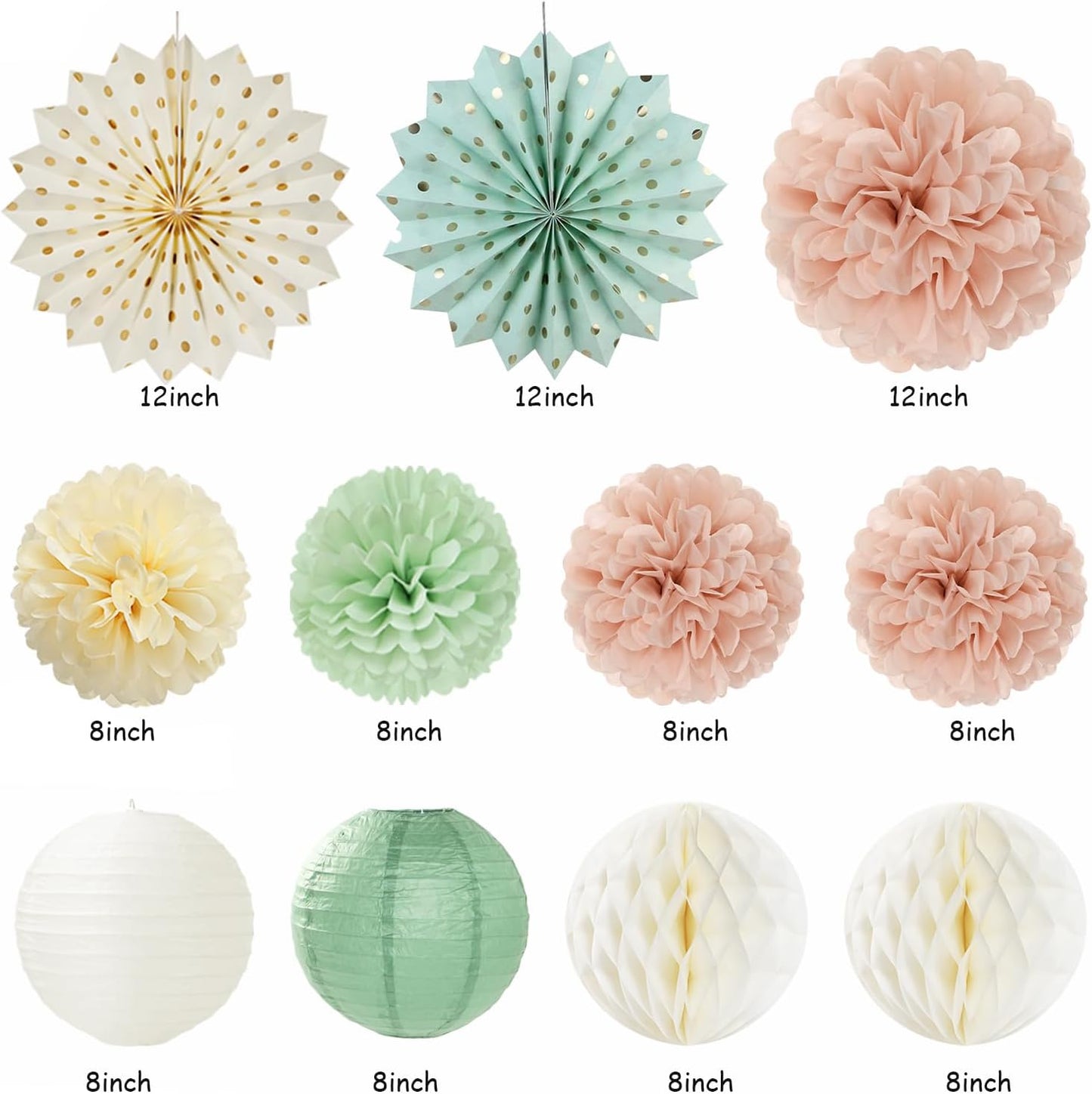 Sage-Green Blush-Pink Beige Birthday Party-Decorations - 21pcs Happy Banner,Cream Light Dusty Pink Paper Lanterns Pom Poms,Rustic Boho Neutral Streamers Garland,Women Girls Decor Supplies Huglony