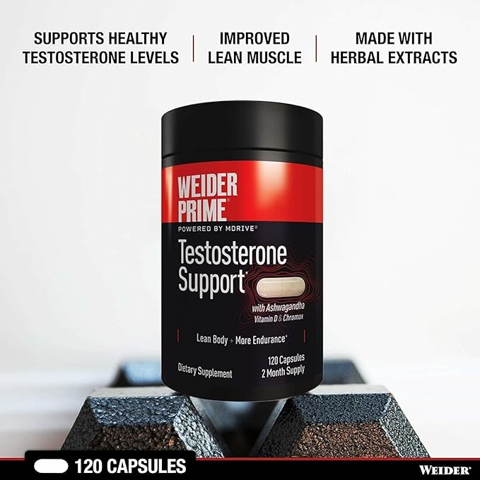 Weider Prime Testosterone Support - Men's Nutrition - Enriched with Vitamins & Minerals - with Ashwagandha, Chromax Chromium, Bioperine & Zinc - Gluten Free - 120 Capsules