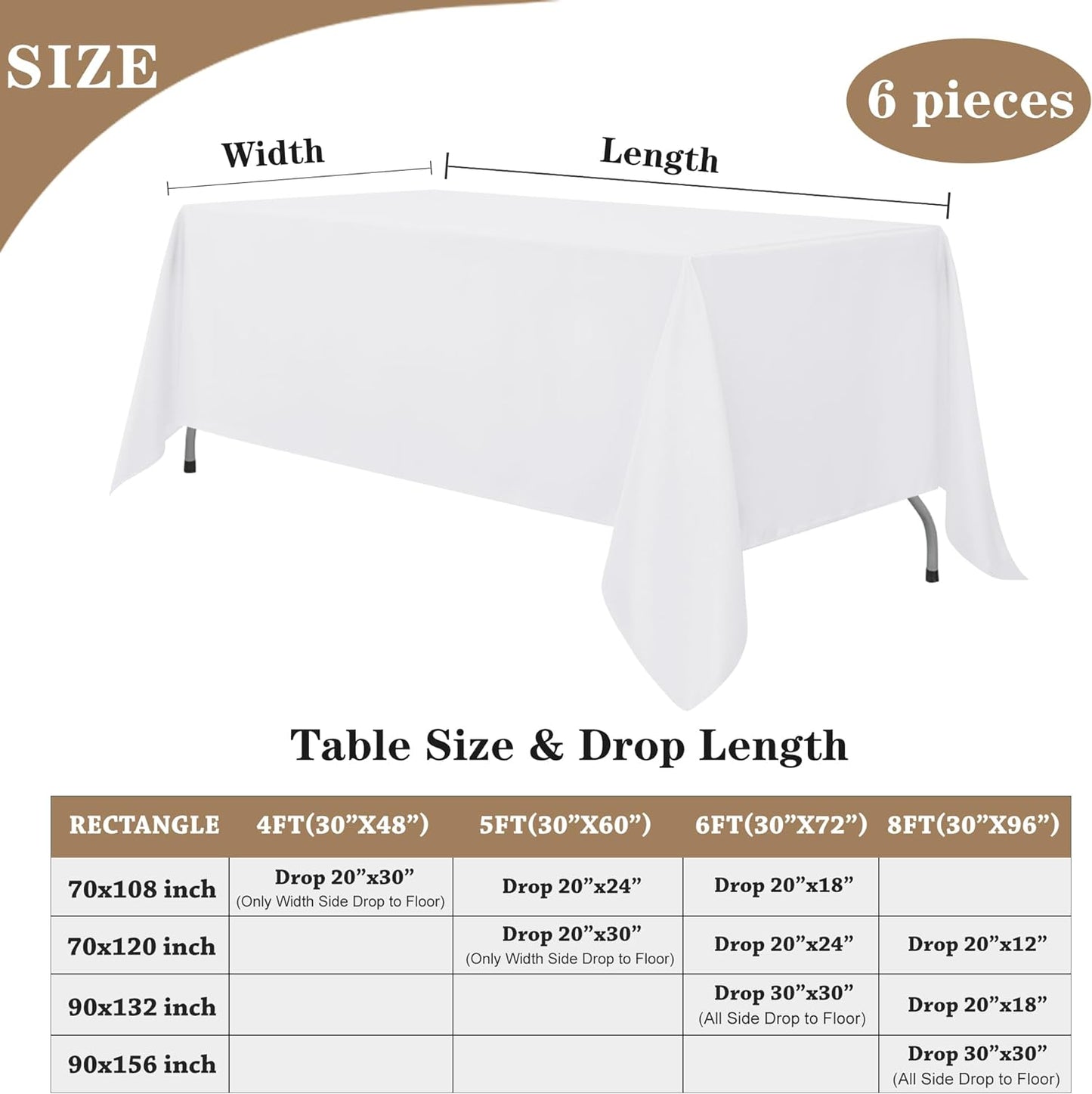 Fitable White Tablecloths for Rectangle Tables, 6 Pack - 70 x 120 Inches - Reusable and Washable Table Clothes for 6-8 Ft Tables, Polyester Fabric Table Covers for Wedding, Party, Banquet