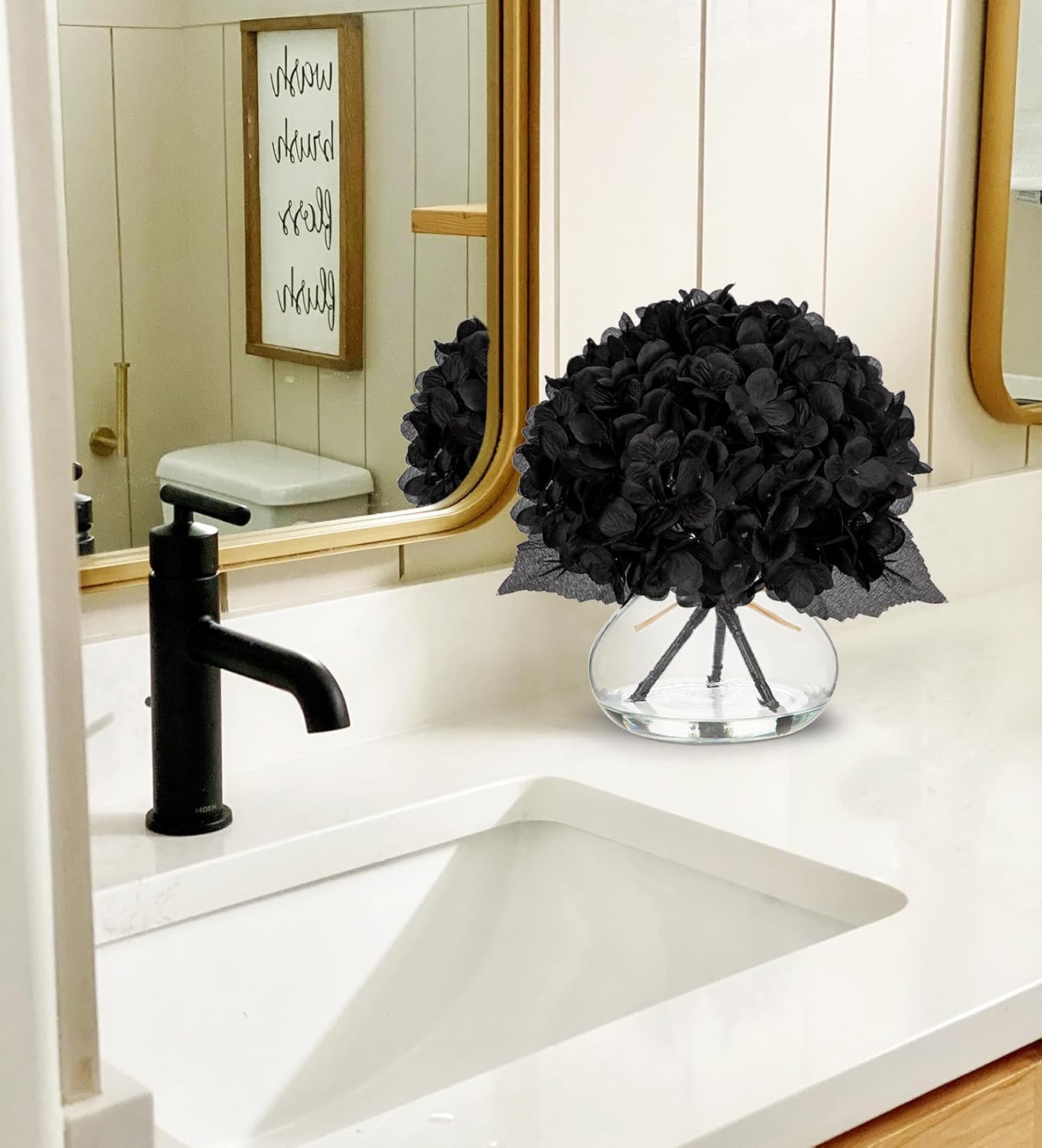 Hollyone Hydrangea Fall Flowers Artificial for Decoration with Glass Vase Black Silk Faux Flowers Arrangements in Vase with Faux Water Fake Floral Bouquet Table Centerpiece Halloween Home Decor