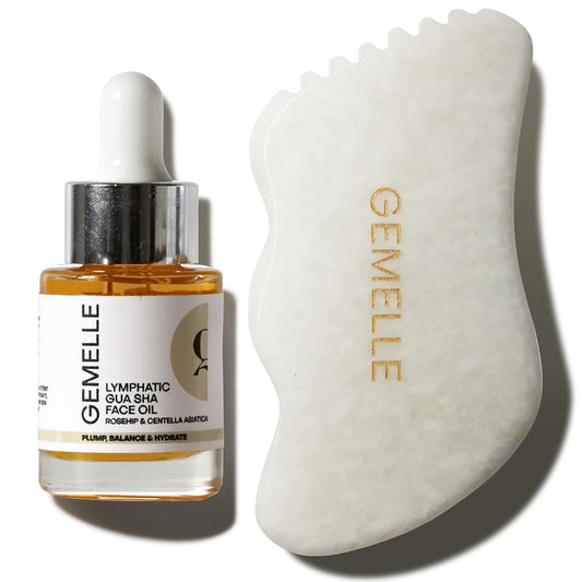 GEMELLE 2-Pack Whtie Jade Gua Sha Tool + Face Oil Set | Face & Body | 10x Award Winner | Gua Sha Stone Kit | Hydrate, Plump, Sculpt | Face Sculpting Tool, Lymphatic Drainage Massager, Guasha Tool