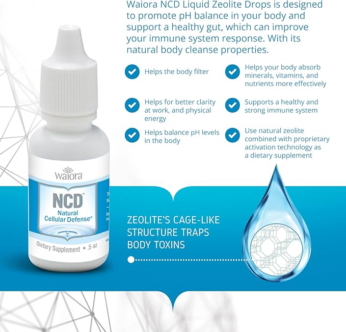 Waiora Natural Cellular Defense (NCD) Liquid Zeolite Drops, Clinoptilolite for Men & Women - Supplement for Immune, Healthy Gut Support, Cleanse, pH Balance (0.5oz Bottle, 4 Ct – 360 serv)