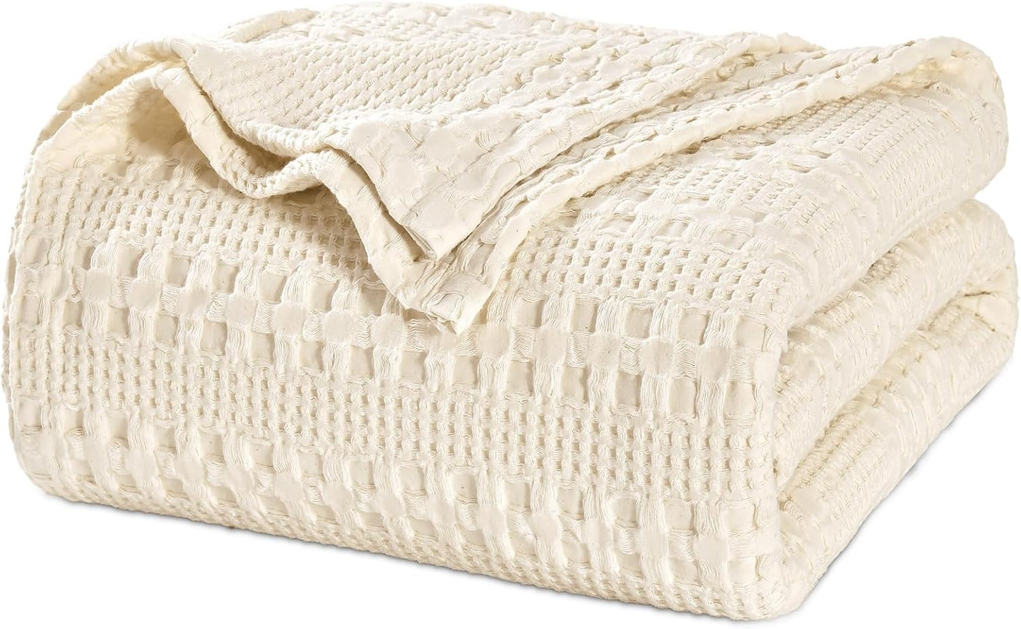 PHF 100% Cotton Waffle Weave Blanket Queen Size for Bed, Soft Lightweight & Breathable, All-Season Comfort, Luxury Aesthetic Woven Bedding for Home Decor, 90"x90", Undyed