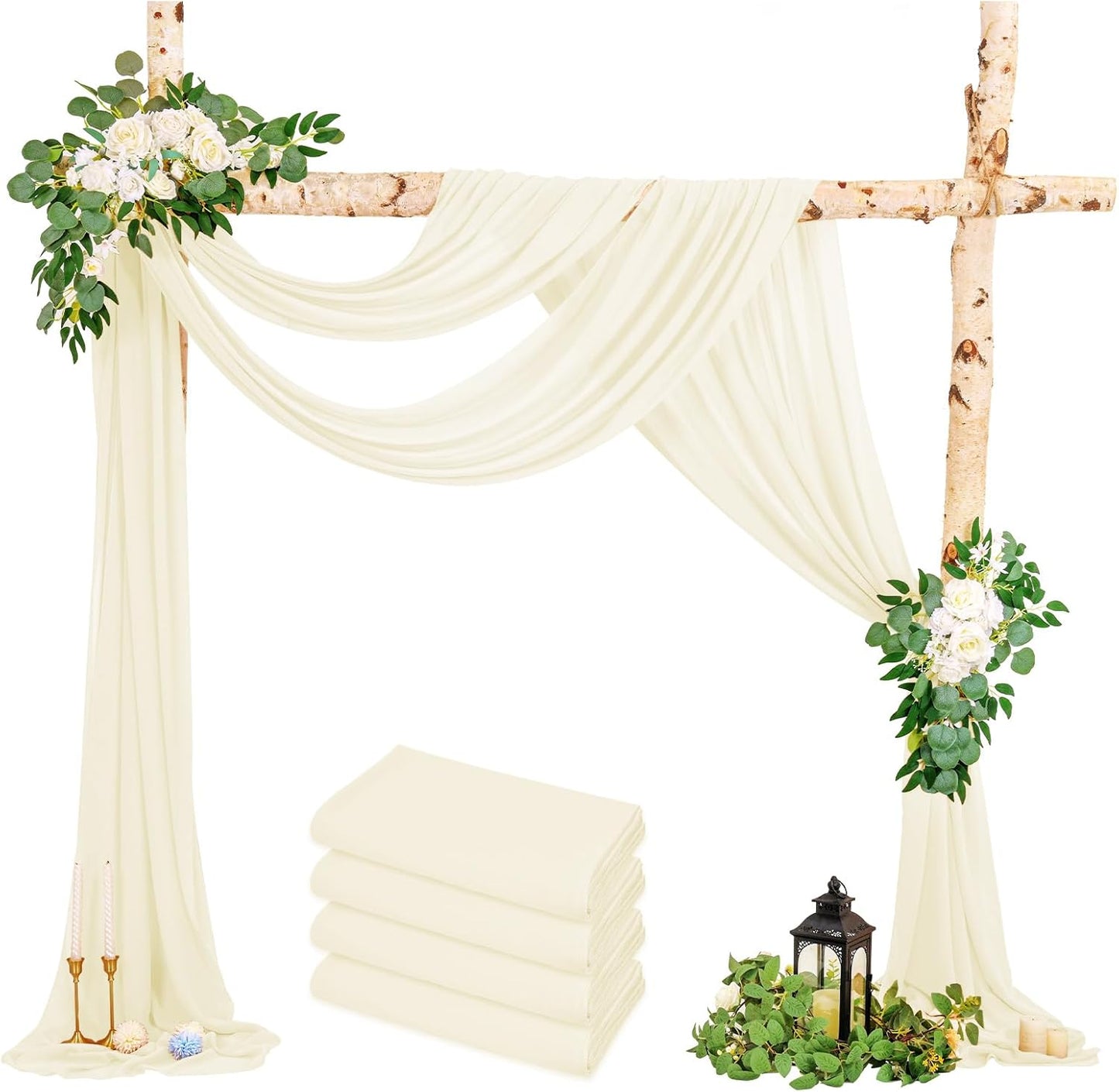 Wedding Arch Draping Fabric, 4 Panels 28" x20ft Ivory Wedding Arch Drapes, Sheer Chiffon Curtain Arbor Drapery Ceiling Drapes Sheer Backdrop Curtains for Wedding Ceremony Party Ceiling Decor