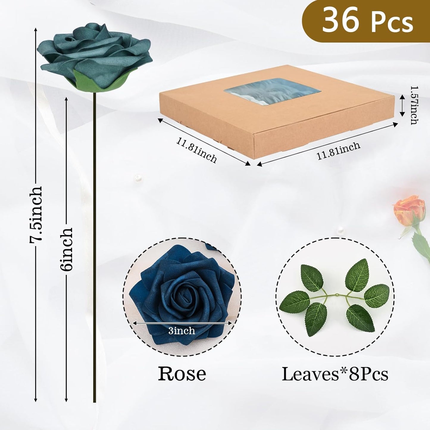 BLEUM CADE 36Pcs Artificial Flowers Fake Roses with Stems, Gradient Misty Blue Boxed Foam Roses for DIY Bouquets Centerpieces Wedding Party Arrangement Bridal Shower Decor