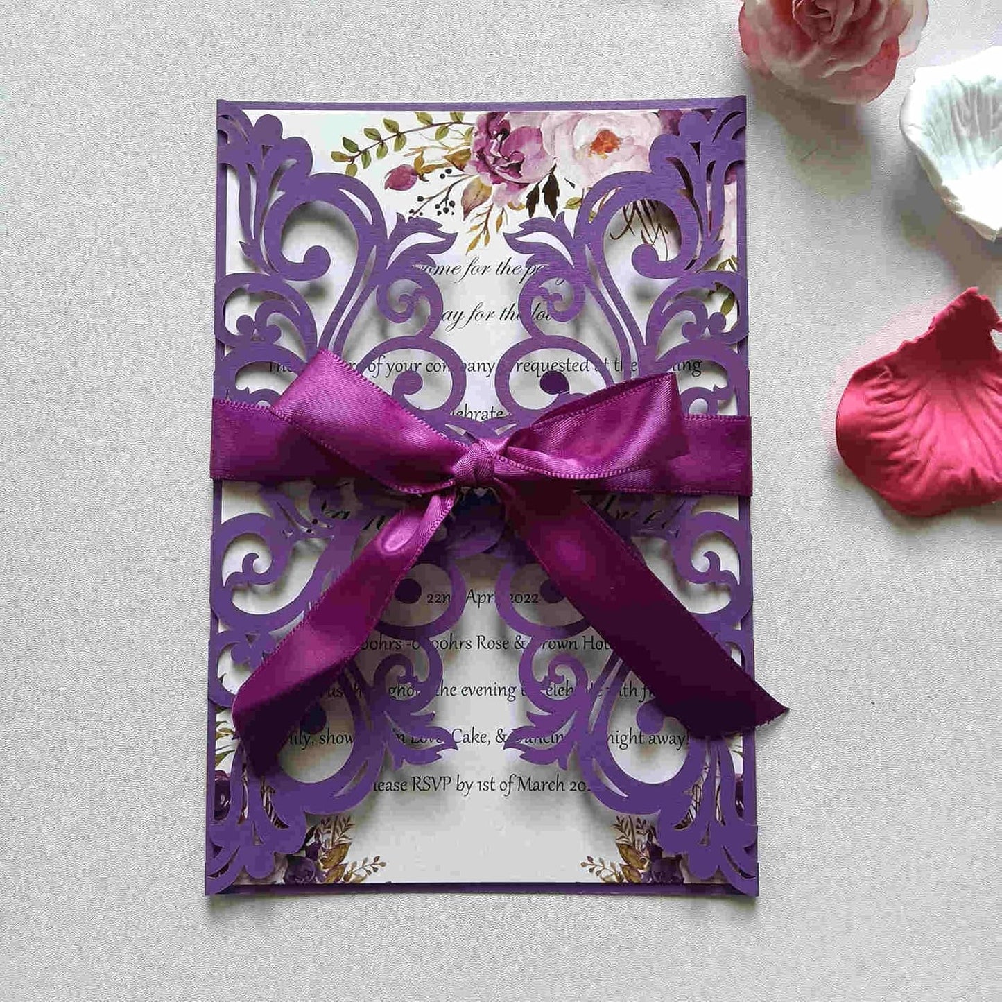 25PCS Dark Purple Laser Cut Wedding Invitations Cards with Envelopes,Blank Inner Sheets,Ribbons for Wedding Bridal Shower Quinceañera Engagement Birthday Invites