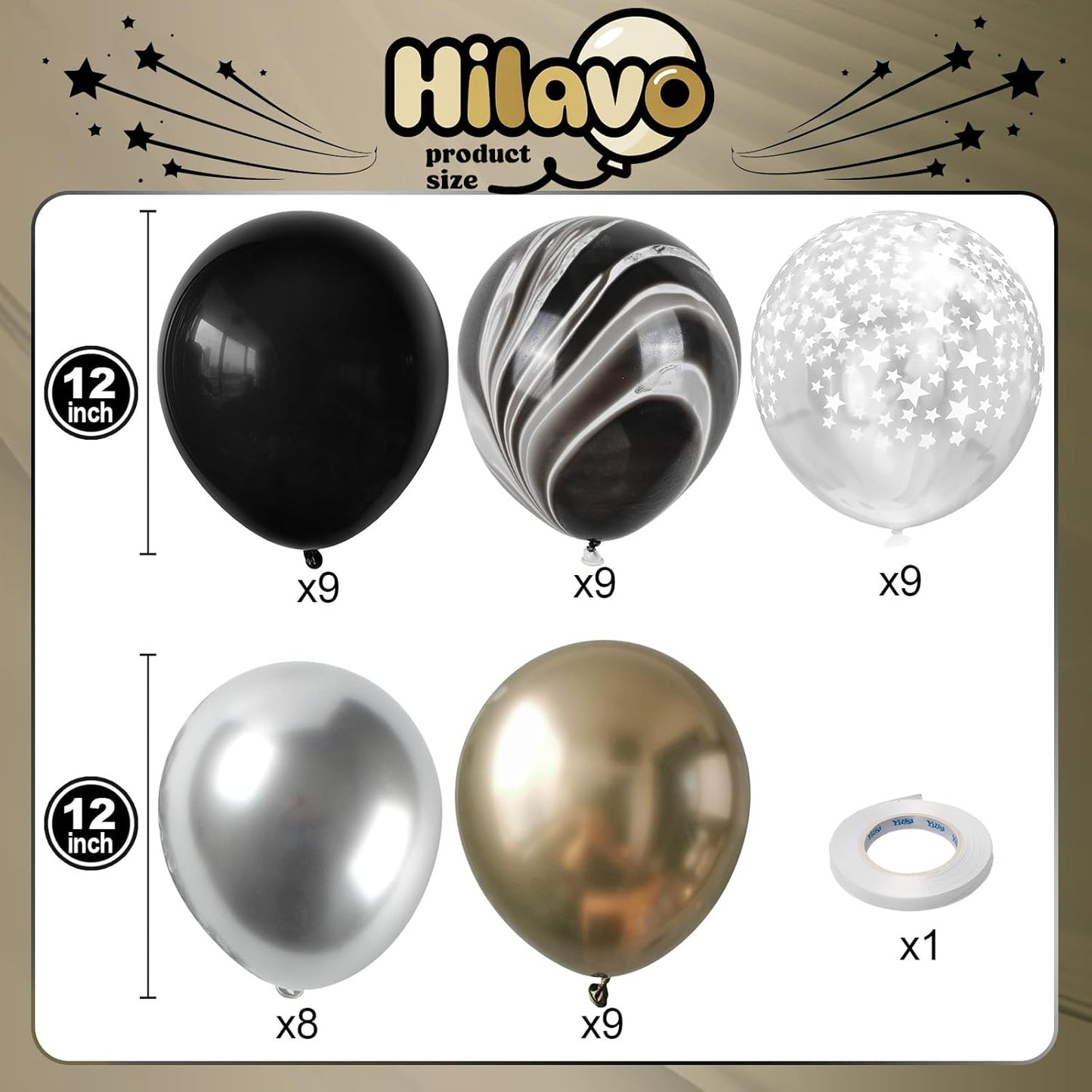 Black Gold Silver Balloon Set, 12 Inch Marble Black and Metallic Chrome Gold Silver with Clear Star Print Grad Latex Balloons for Boy Girls Birthday Party Graduation Retirement Baby Shower Decorations