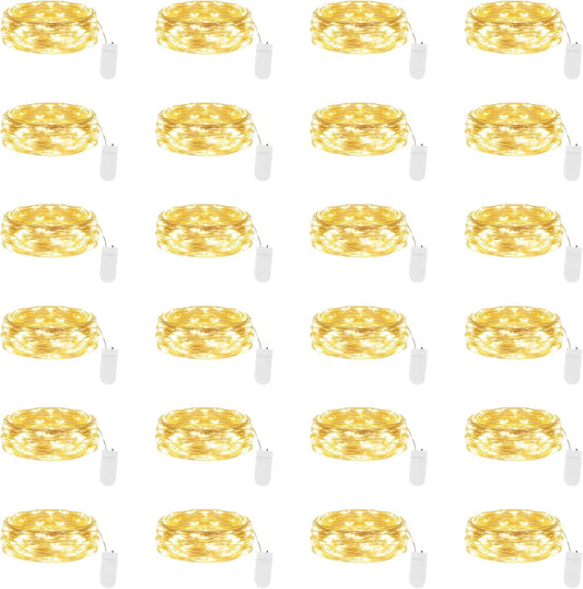 Lakumu 24 Pack Fairy Lights Battery Operated -7FT 20LED String Lights Waterproof Silver Wire Firefly Starry Moon Lights for DIY Christmas Decorations Party Wedding Centerpiece Table Decor, Warm White