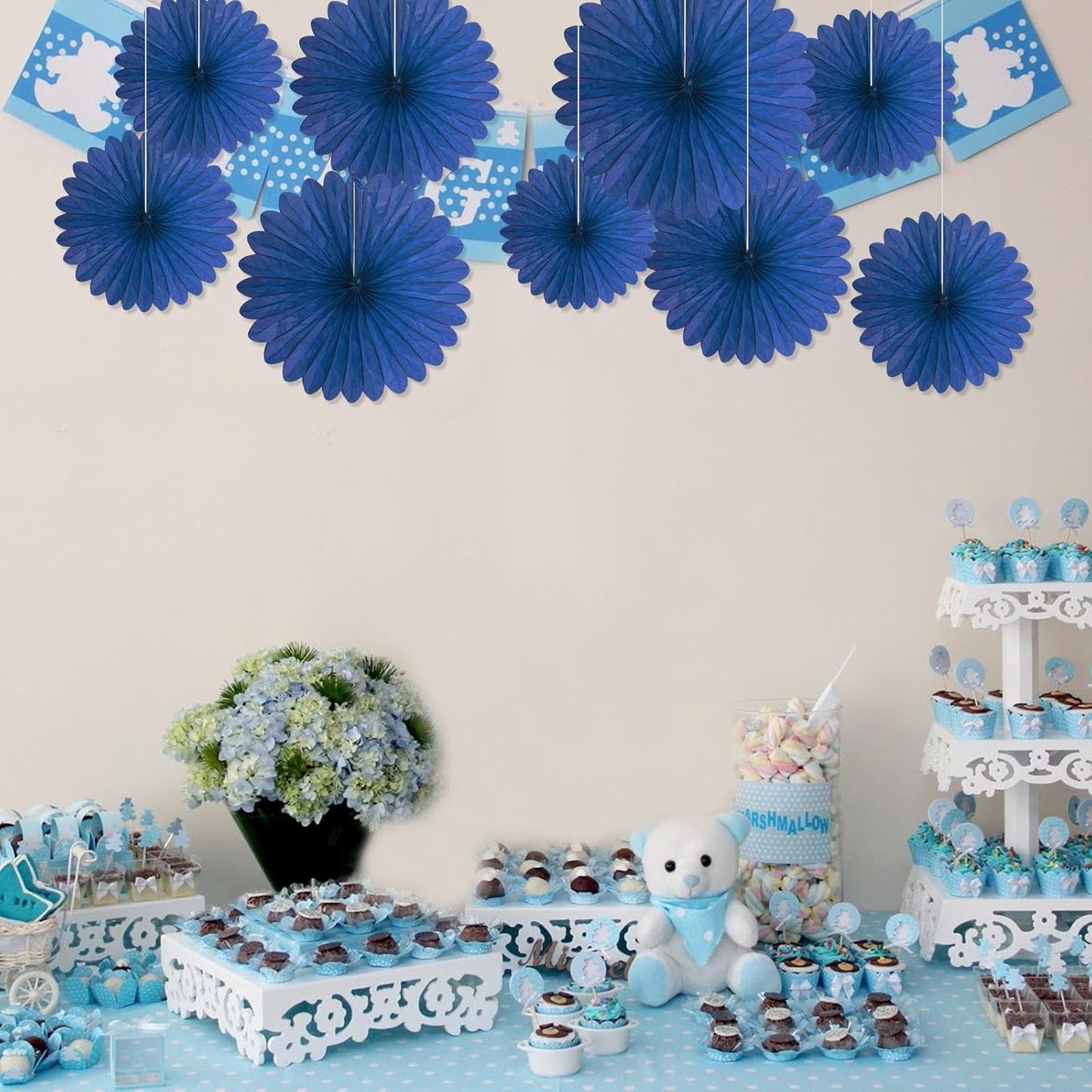 20 Pcs Navy Blue Hanging Paper Fan, Round Paper Fans Decorations Set for Weddings, Birthdays, Engagement, Bridal Shower, Baby Shower Event, Graduation, Party Supplies Decor