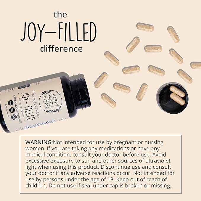 Joy-Filled Mood Support Supplement - 7 Herb Complex w/St. Johns Wort | Stress Relief – Helps Calm The Mind & Body | 100% Plant-Based Happy Pills, Ashwagandha, Rhodiola Rosea | Adaptogens, 60 Ct