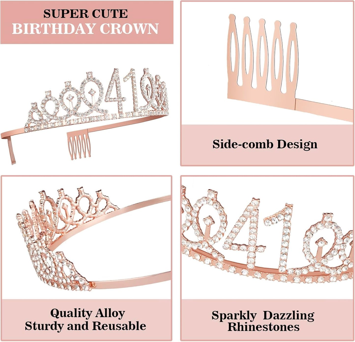 41 Birthday Decorations for Women Including Birthday Sash, Crown/Tiara, Numeral Candles and Cake Topper, 41 Year Old Gifts for Women, Rosegold Party Decor and Supplies