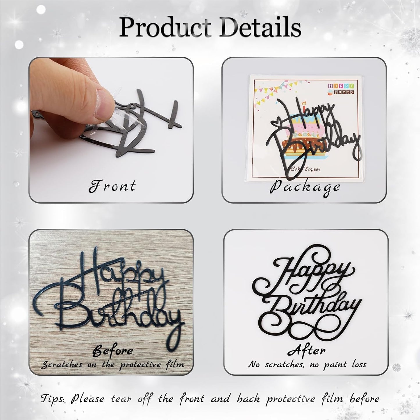 10 PCS Black Birthday Cake Topper Mirror Acrylic Happy Birthday Cake Toppers Double-Sided Dessert Decorations for Girls Women's Party Supplies