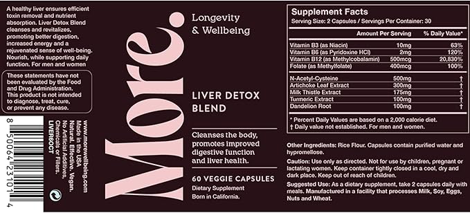 More. Longevity & Wellbeing Liver Detox Blend – Potent Extract-Based Formula with antioxidants and Amino acids for Liver and Digestive Support. Third-Party Tested. Made in The USA. 60 Capsules.