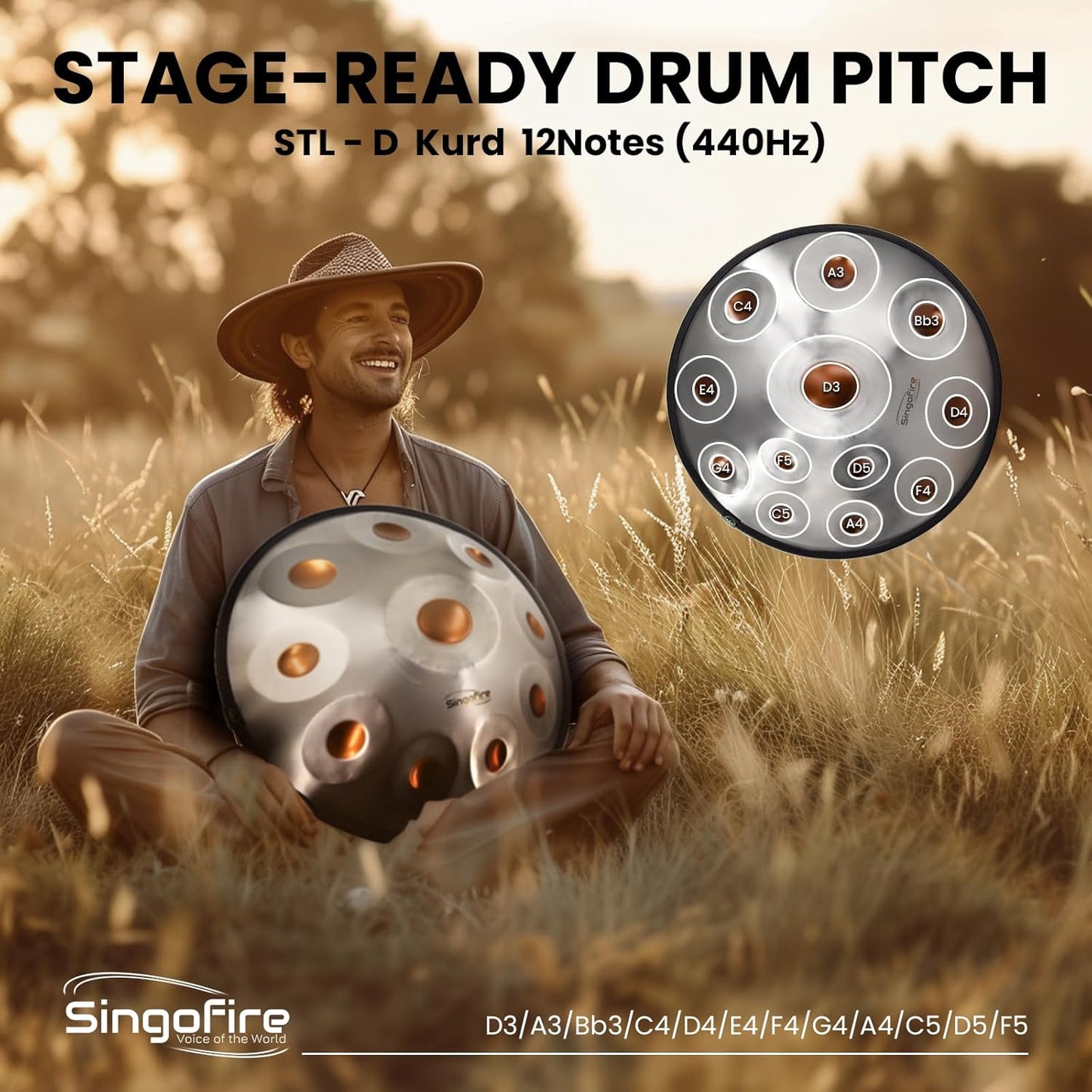 "SINGOFIRE" 12-Notes Handpan Drum, Handpan Drums for Adults, 22-Inch 440Hz D Minor Kurd Handpan, HandPan Instrument with Soft Handpan Bag, 2 Mallets, Handpan Stand and Dust-Free Cloth(Gold Eye)