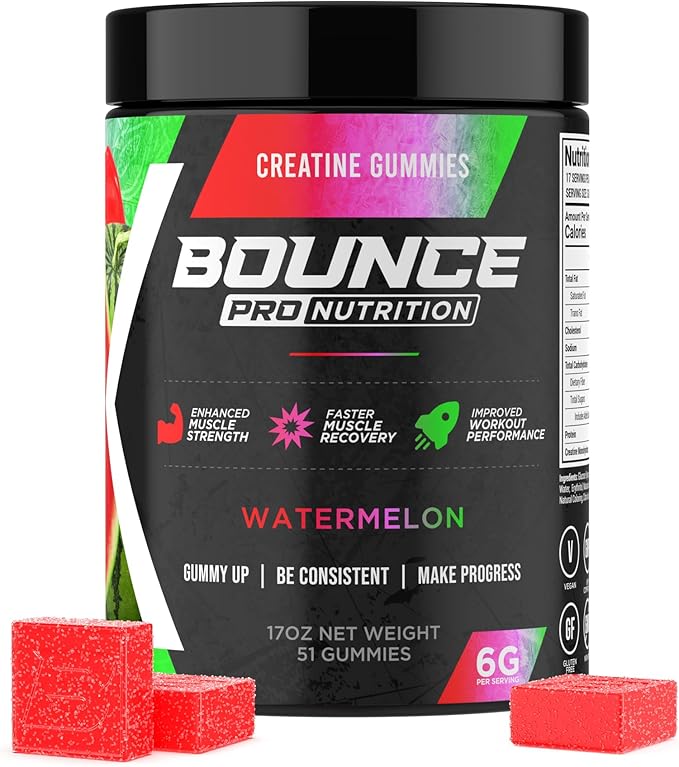 Bounce Pro Creatine Monohydrate Gummies for Men & Women, Low Calorie, 6G of Creatine per Serving, Vegan, Anti-Melting, Gluten-Free, Non-GMO, 2g of Creatine per Gummy (51ct, Watermelon)