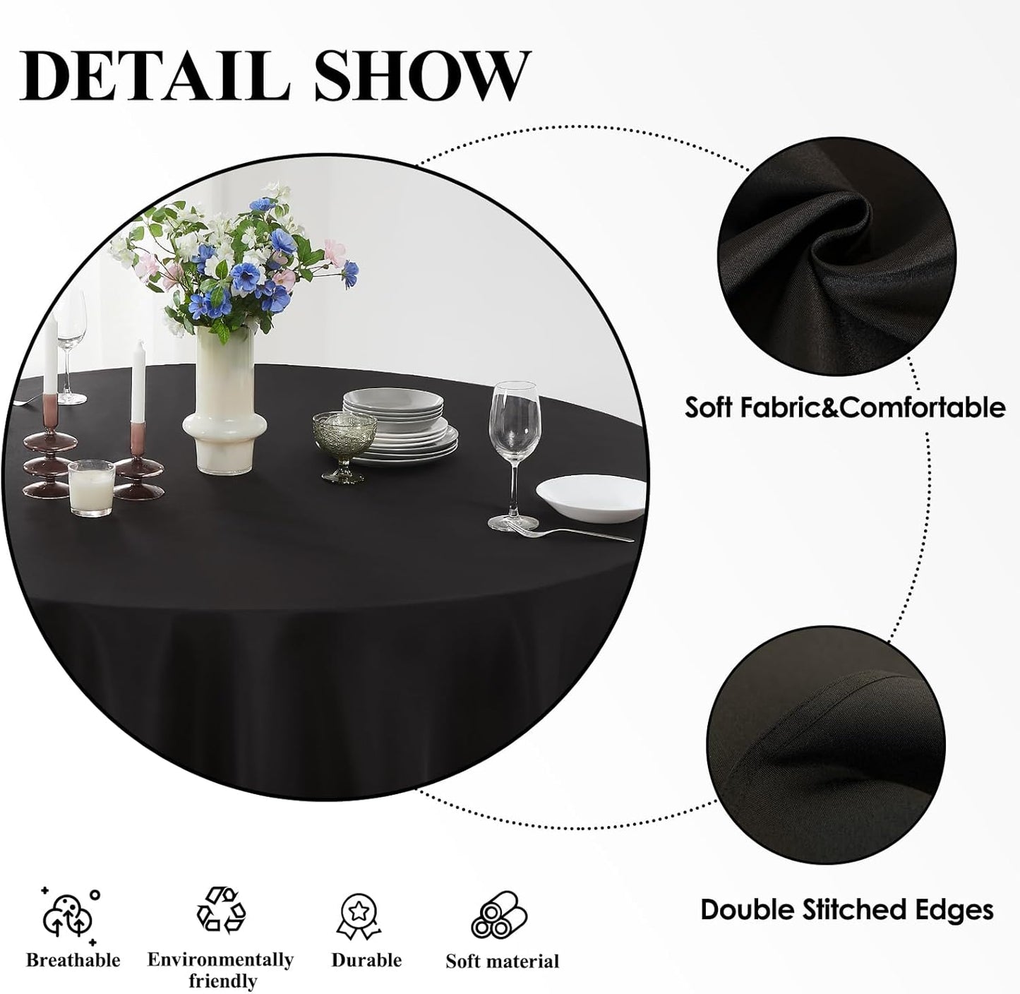 Round Tablecloth 120 Inch Black Tablecloths Washable Decorative Linen Polyester Table Clothes Cover for Dining Table Banquets Buffet Parties and Wedding