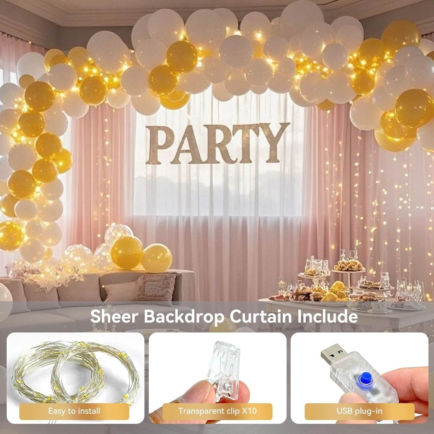 10×8ft Tulle Backdrop Curtains with Lights String - 300LED Fairy Lights Sheer Curtain Backdrop for Weddings Baby Shower and Birthday Party Decorations(8 Panels 5×8ft)