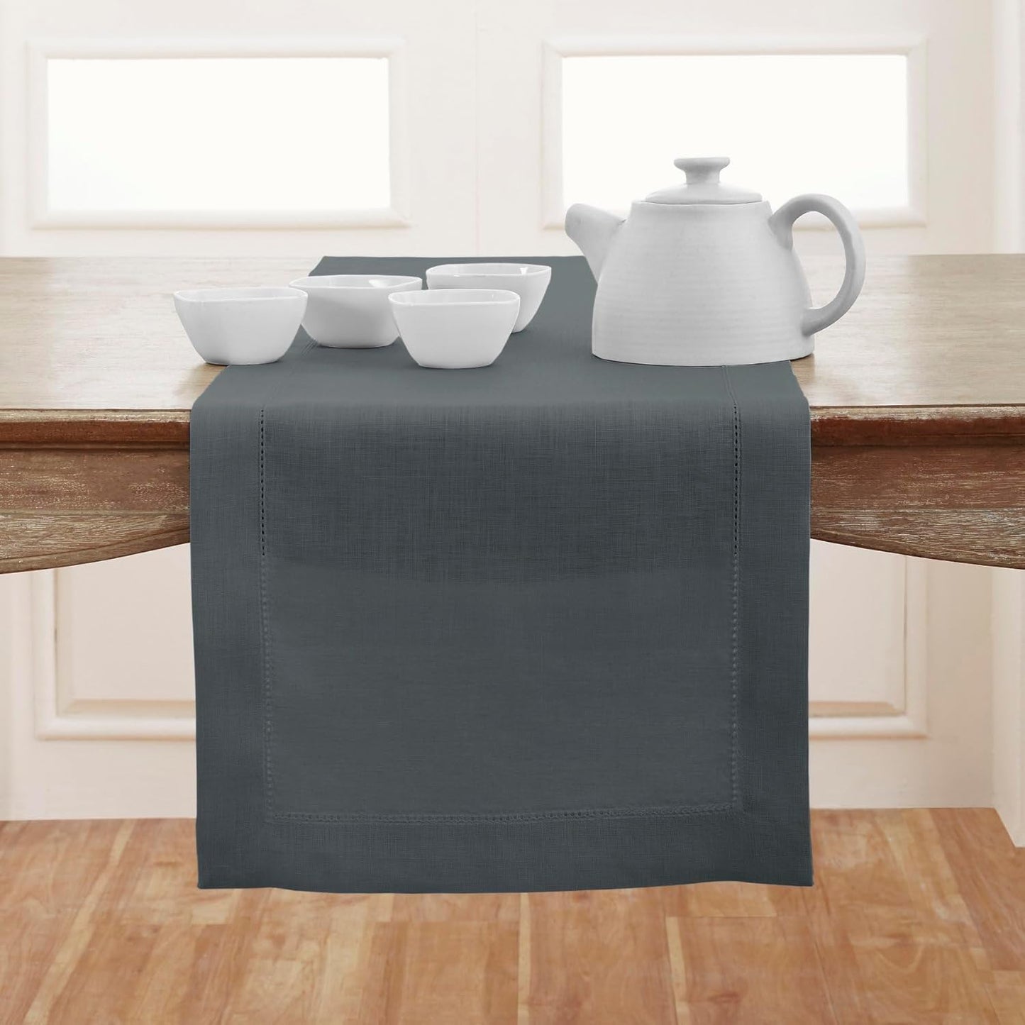 Solino Home Linen Hemstitch Table Runner 36 Inches - 100% Pure Linen Dark Grey Table Runner 14 x 36 Inch Ideal for Dresser and Coffee Tables - Classic Hemstitch - Thanksgiving