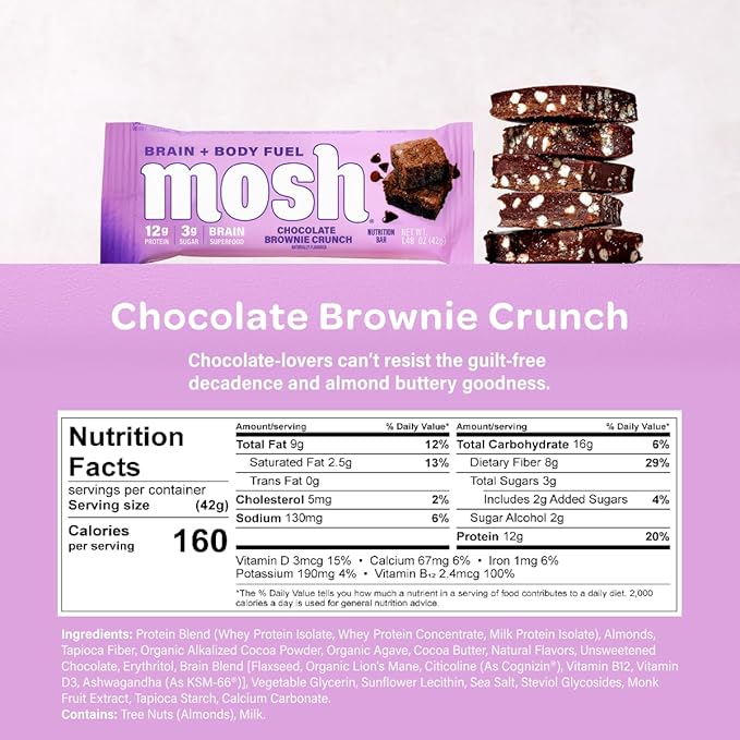 MOSH Variety Pack Keto Protein Bars, High Fiber, Low Carb, Gluten Free, High Protein, Brain Healthy Snack with Ashwagandha, Lion's Mane, 15 Count