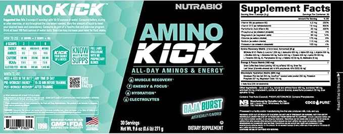 NutraBio Amino Kick – BCAA Powder with Natural Caffeine – Amino Acids Supplement for Energy, Hydration & Recovery – BCAAs, Electrolytes & Amino Acids – Baja Burst, 30 Servings