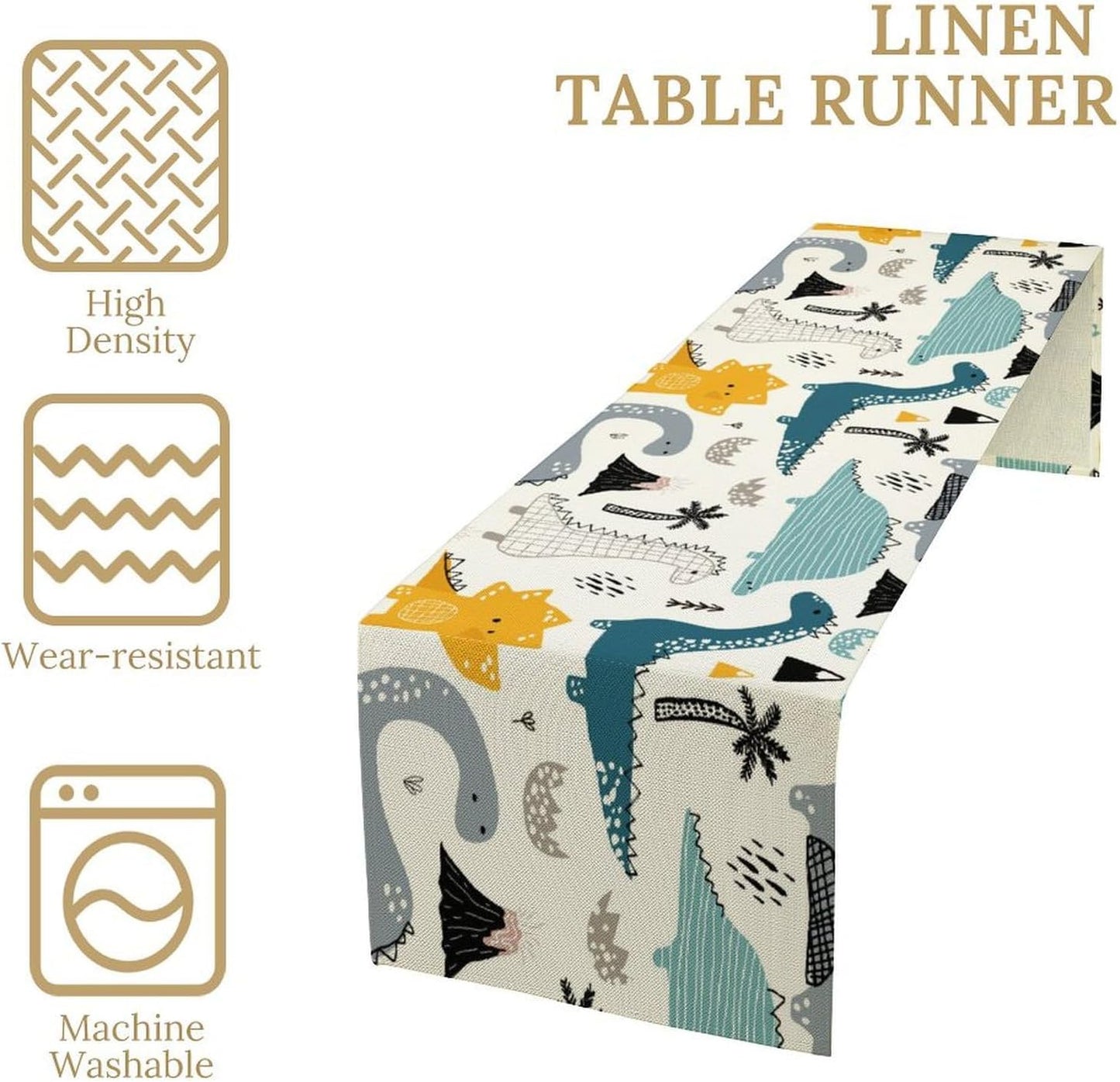Cartoon Dinosaur Table Runner,Kids Boys Cute Various Dino Moutain Modern Abstract Print Tablecloth Burlap for Hotel Indoors Outdoor Dining Room Kitchen Holiday Party, 13x60in