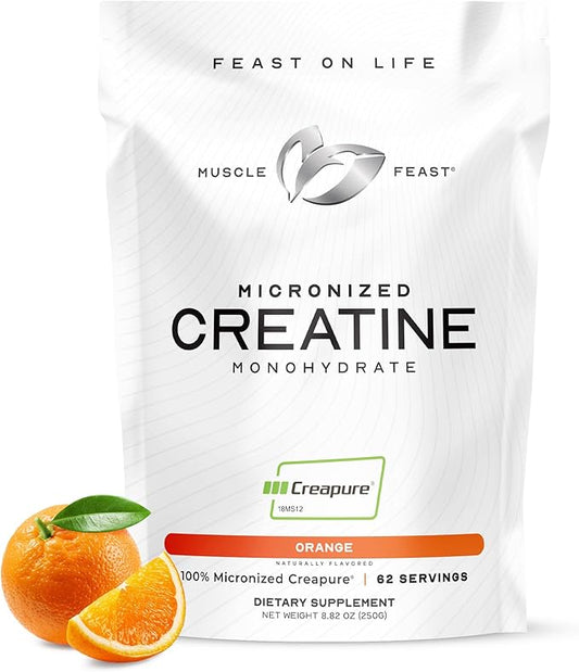 Muscle Feast Creapure - Micronized Creatine Monohydrate Powder | Premium Pre-Workout or Post-Workout | Flavored Creatine for Women & Men | Easy to Mix, Gluten-Free, Safe and Pure, (Orange, 250g)