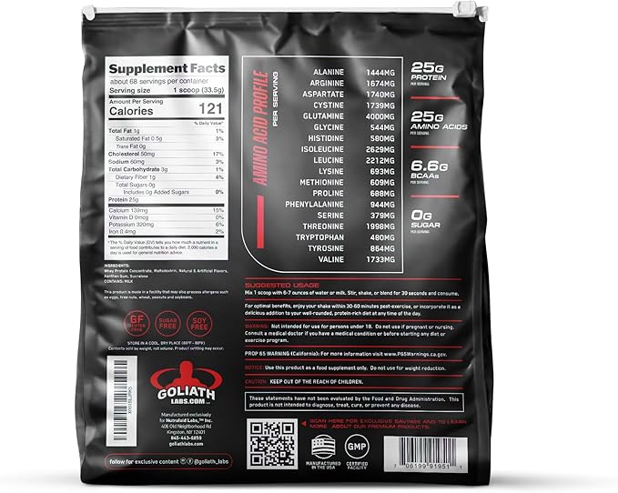 Goliath Labs 100% Whey Protein Powder Isolate/Blend | Fast-Absorbing Workout Supplements | 25g of Pure Protein and 5.5g of BCAAs in Each Serv | Vanilla, 5 lbs, 68 Servings | Package May Vary