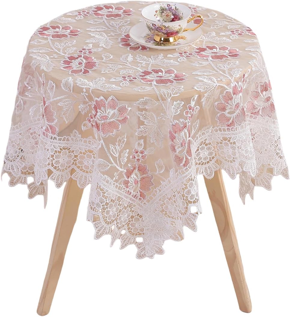 Round Embroidered Lace Tablecloth Vintage Decorative Exquisite Border Table Cover for Party Wedding Home Decorations, Round-70, White