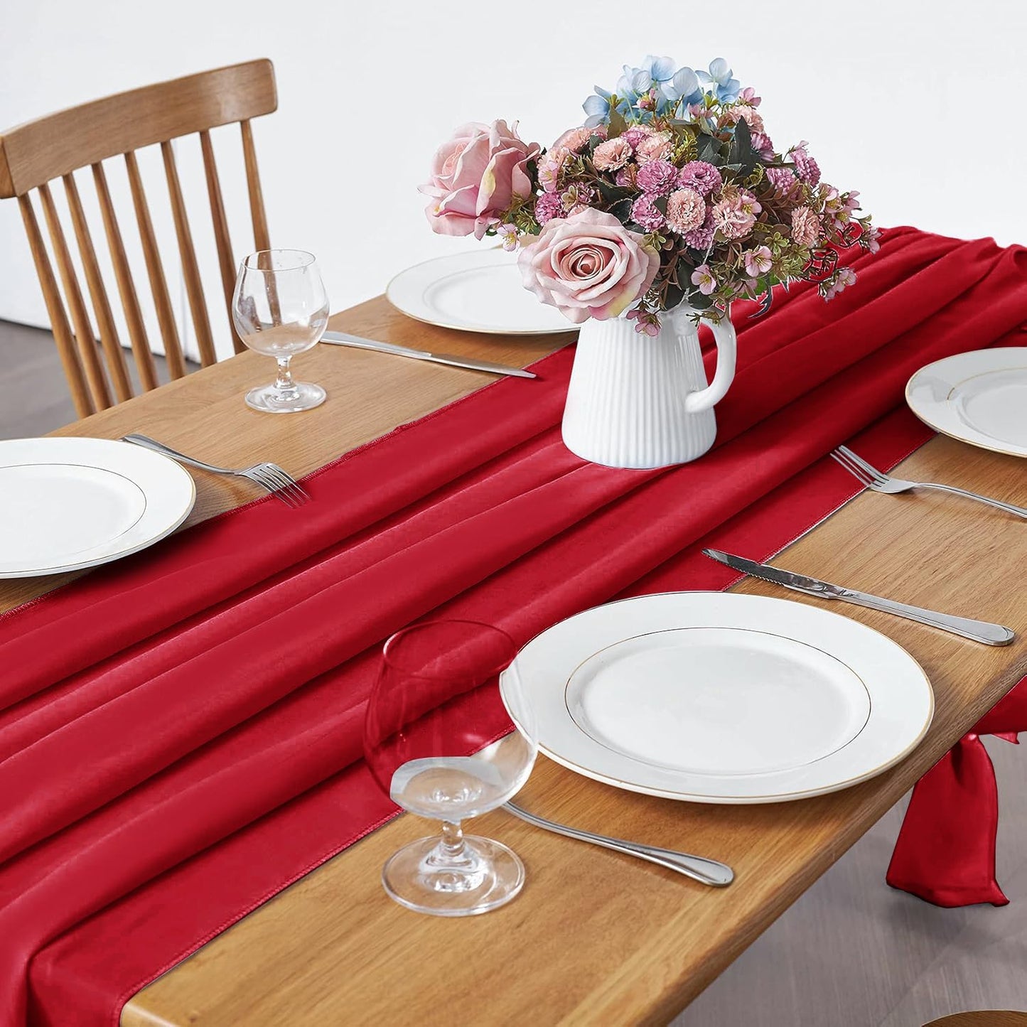 5 Pack 10Ft Red Chiffon Table Runner Sheer 29x120 Inch for Romantic Wedding Decor Bridal & Baby Shower Birthday Rustic Party Decoration