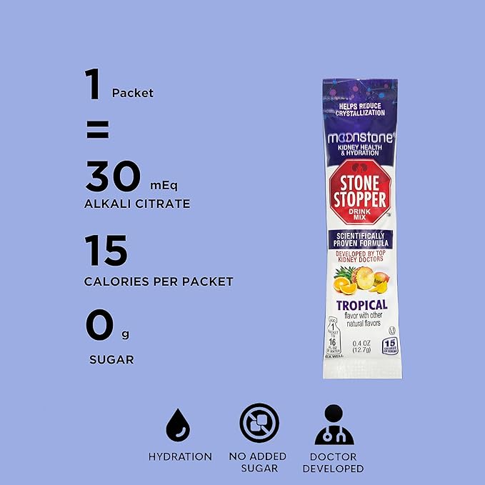 Moonstone Kidney Stone Stopper Drink Mix Tropical Flavor, Outperforms Chanca Piedra & Kidney Support Supplements, Developed by Urologists to Prevent Kidney Stones and Improve Hydration, 15 Day Supply
