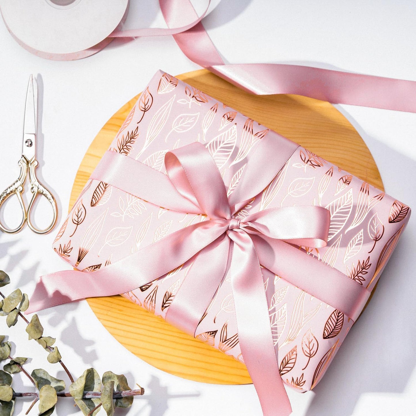 WRAPAHOLIC Pink Wrapping Paper Roll - 17 Inch x 33 Feet - Metallic Rose Gold Leaves Wedding Wrapping Paper for Birthday, Baby Shower, Wedding, Bridal Shower