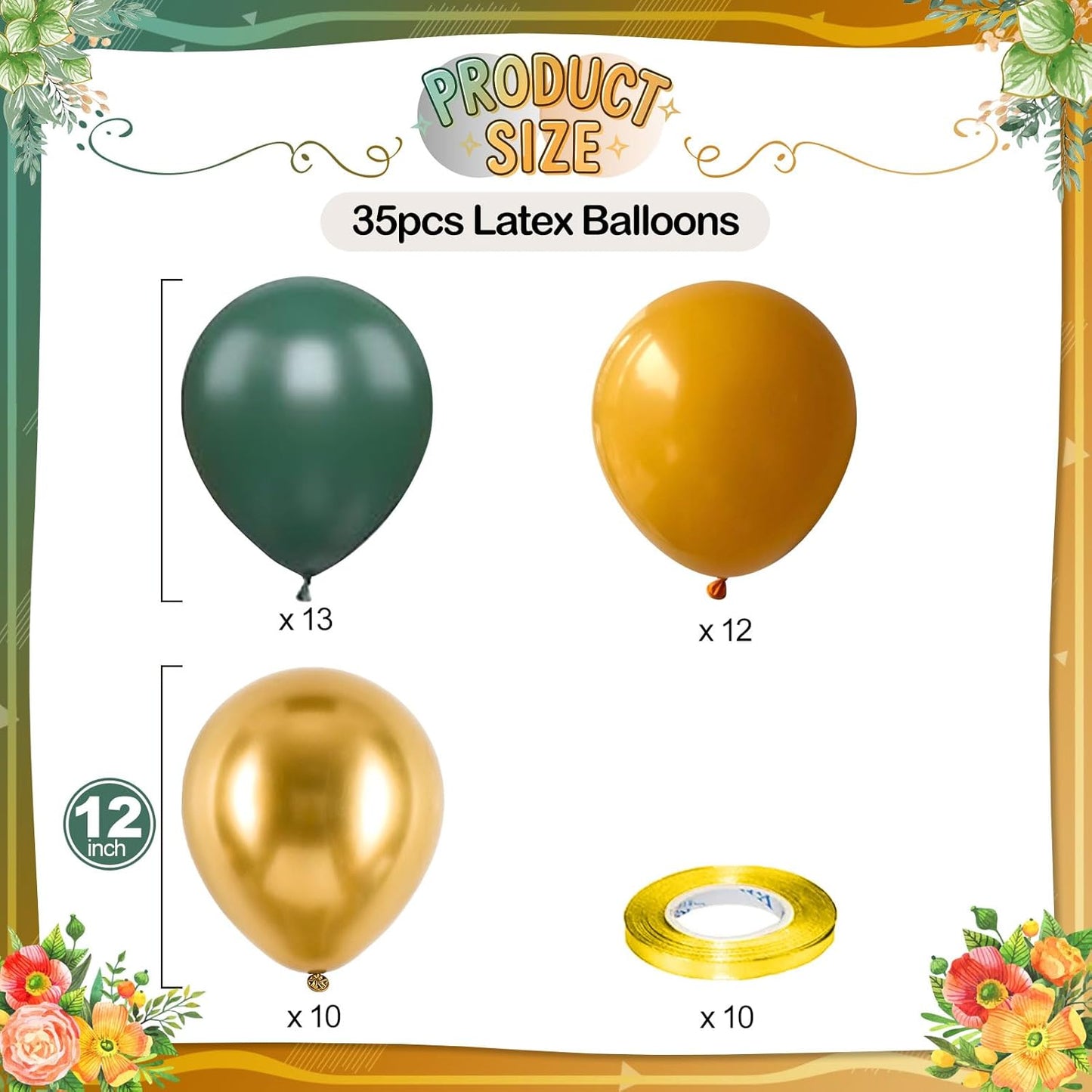 Green Yellow Gold Balloons, 12 Inch Dark Emerald Green Yellow Balloons, Sage Green Metallic Gold Balloon for Birthday Graduation St. Patrick's Day Tropical Summer Garden Party Decorations Supplies