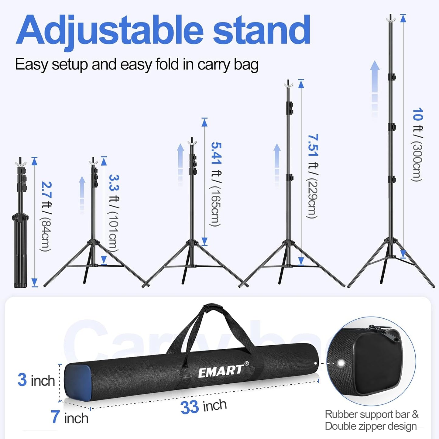 EMART Backdrop Stand 10x10ft(WxH) Photo Studio Adjustable Background Stand Support kit with 2 Crossbars, 8 Clamps, 2 Sandbags and Carry Bag for Parties, Events Decoration, Wedding, Photography