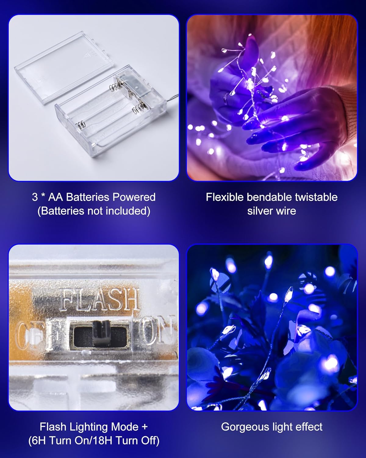 Fairy Lights Battery Operated, Twinkle String Lights Waterproof Silver Wire 5 Feet 60 Led Firecracker Starry Lights for DIY Wreath Home Wedding Party Bedroom Mason Jar Holiday Christmas, Blue