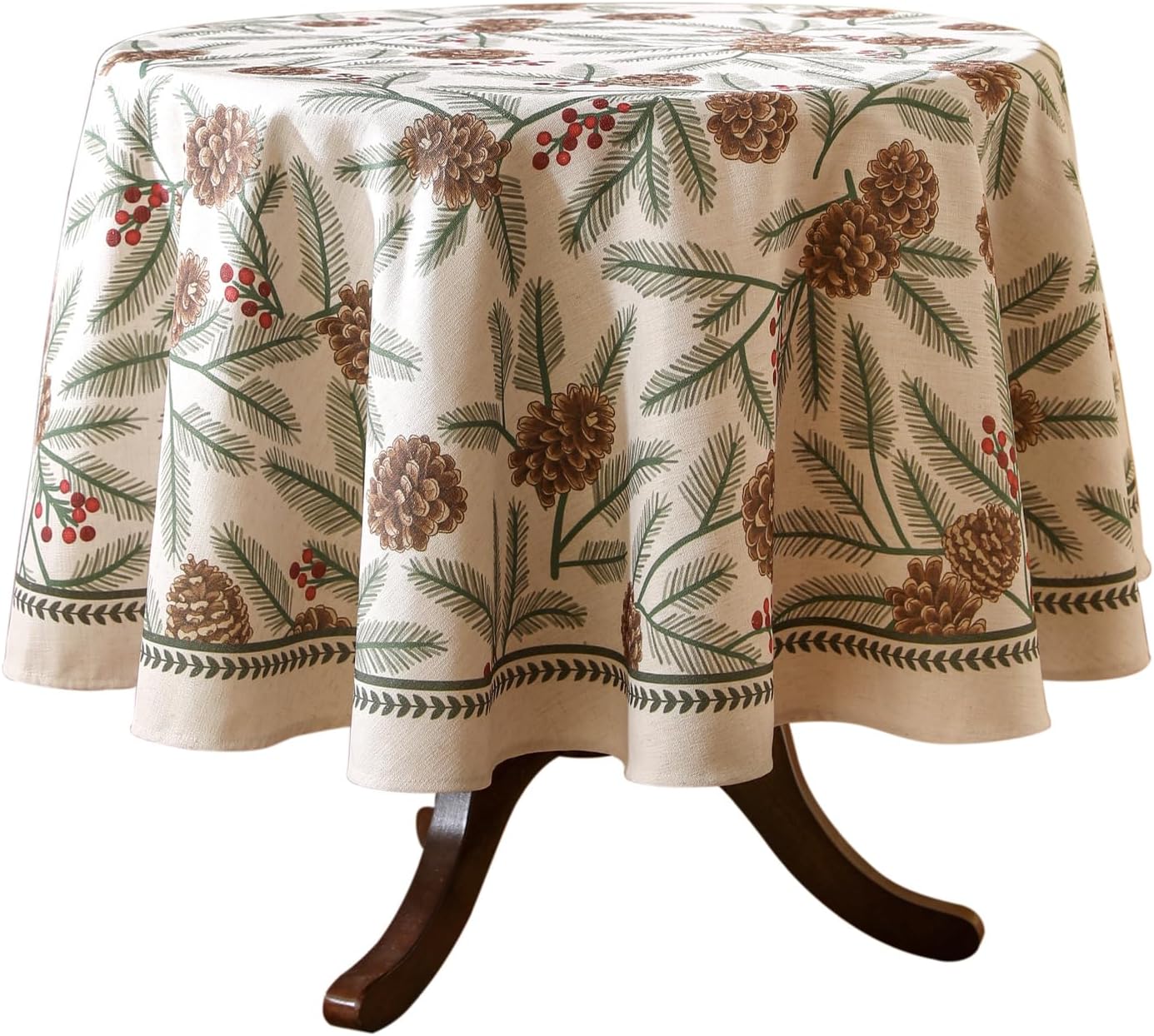 ISAENNE Designer Christmas Beige Linen Small Round Tablecloth,Pinecones Pattern Indoor Tablecloths,Washable Decor Table Cloth for Dining Thanksgiving Kitchen Christmas,Diameter 55"-Carol B
