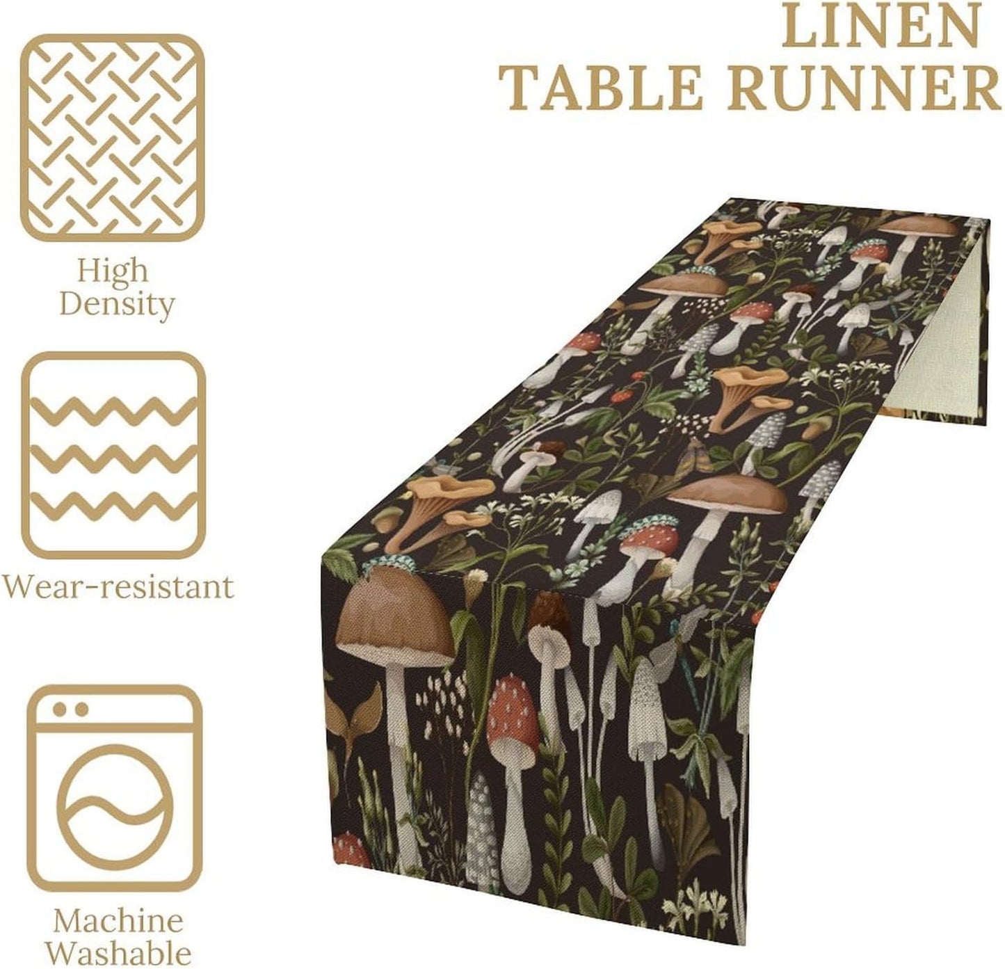 Mushroom Table Runner,Retro Forest Wildflower Botanical Plants Flower Art Pattern Print Burlap Hotel Indoors Outdoor Dining Room Kitchen Holiday Party, 13x70in