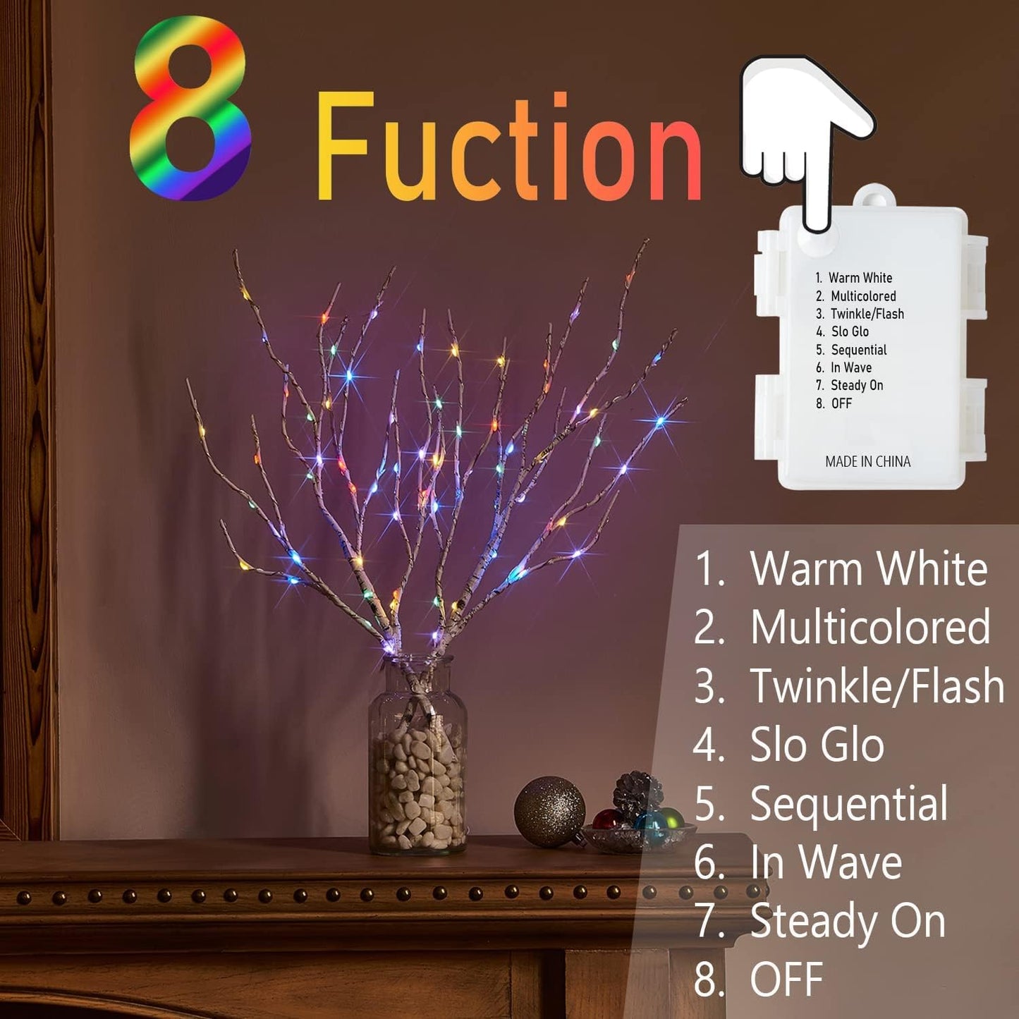 Birchlitland Lighted Birch Branches Battery Operated 18IN 70 LED 8 Function, White or Multiple Colors, Artificial Decorative Branch Lights for Home and Holiday Decoration Indoor Outdoor