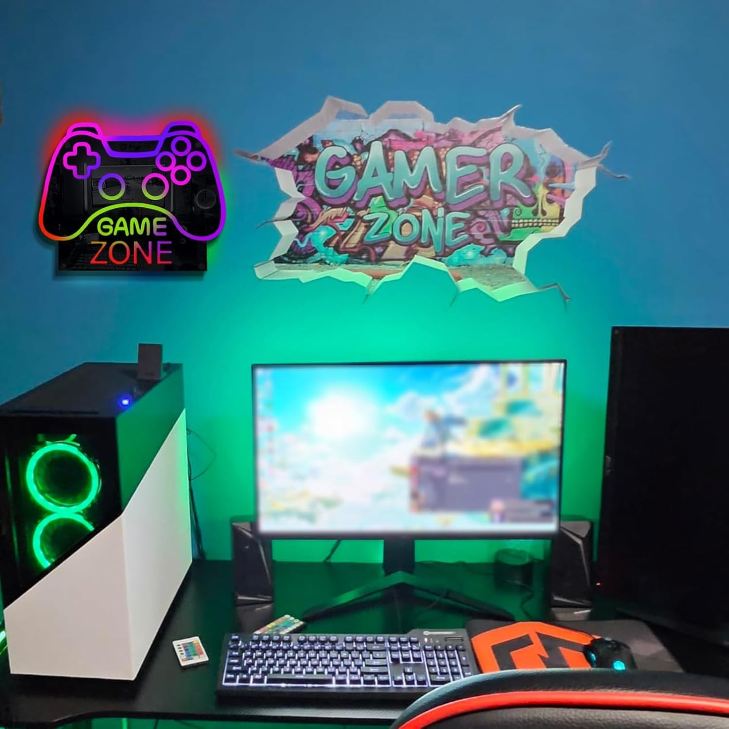 ineonlife Game Zone Controller Neon Sign Mirrored Colorful LED Lights for Gaming Room Decor Light Up Signs for Teen Boy Bedroom Decoration Best Gift for Kids 11.42 x 14.17 inches USB Powerd