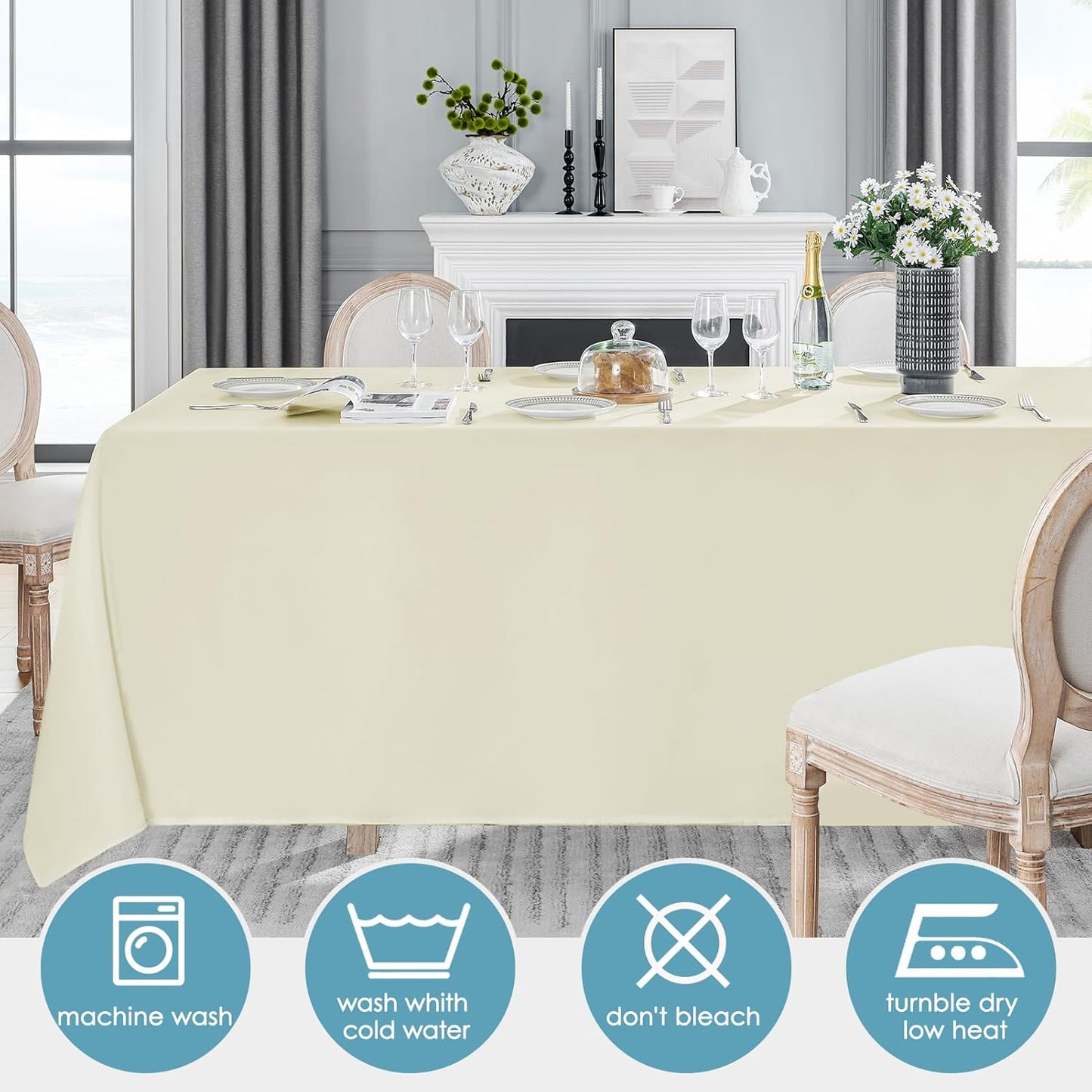 VidaFete Tablecloth 2 Pack 90 * 132inch Rectangle Table Cloth Polyester, Stain Wrinkle Resistant Polyester Dining Table Cover for Kitchen Dinning Party Wedding Rectangular Buffet Decoration(Ivory)