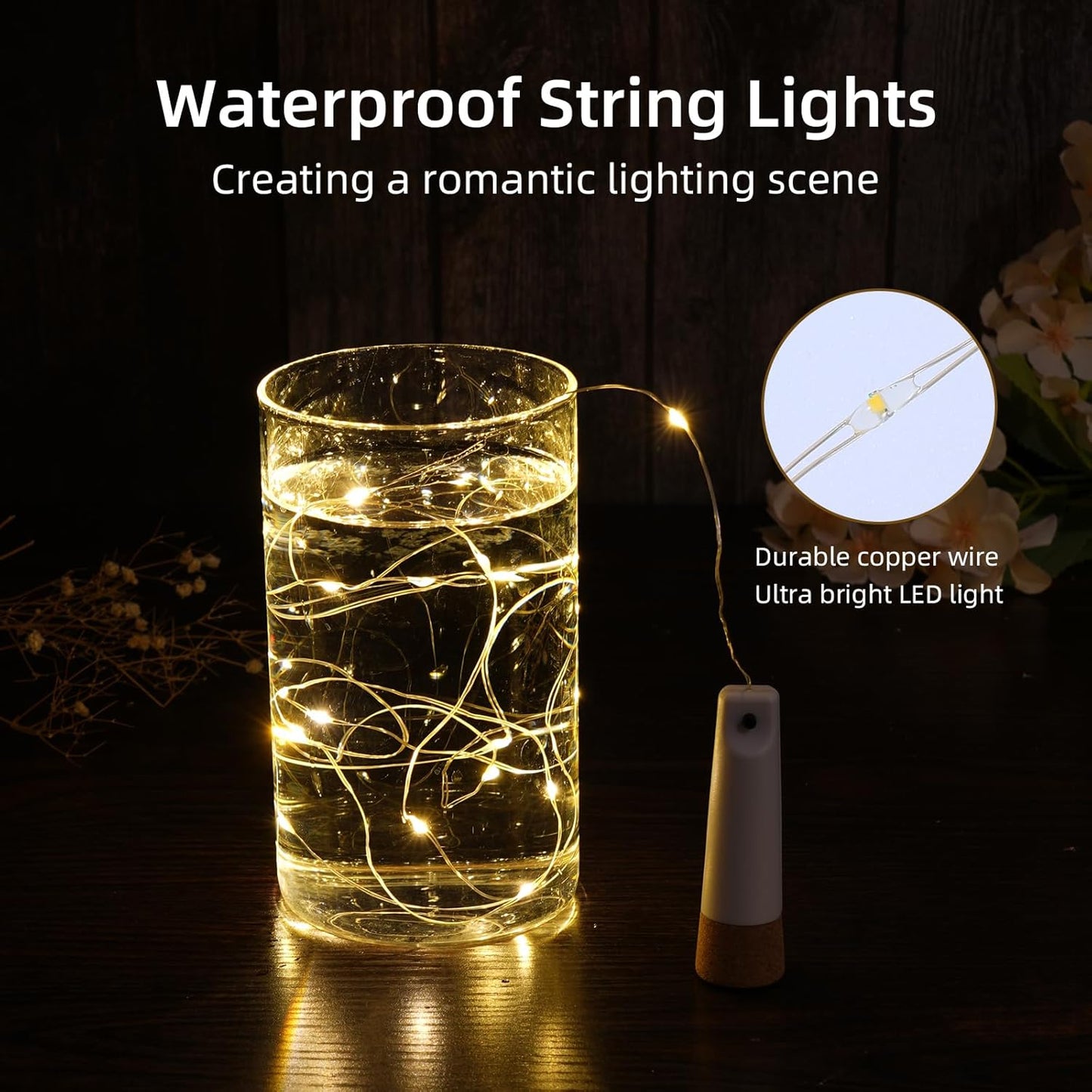 Wine Bottle Lights - 4 Pack Rechargeable Battery Operated 140mAh 20 LED Bottle Stoppers，8 Light Modes Switching,Perfect for Christmas, Weddings, Halloween, and More(Warm)