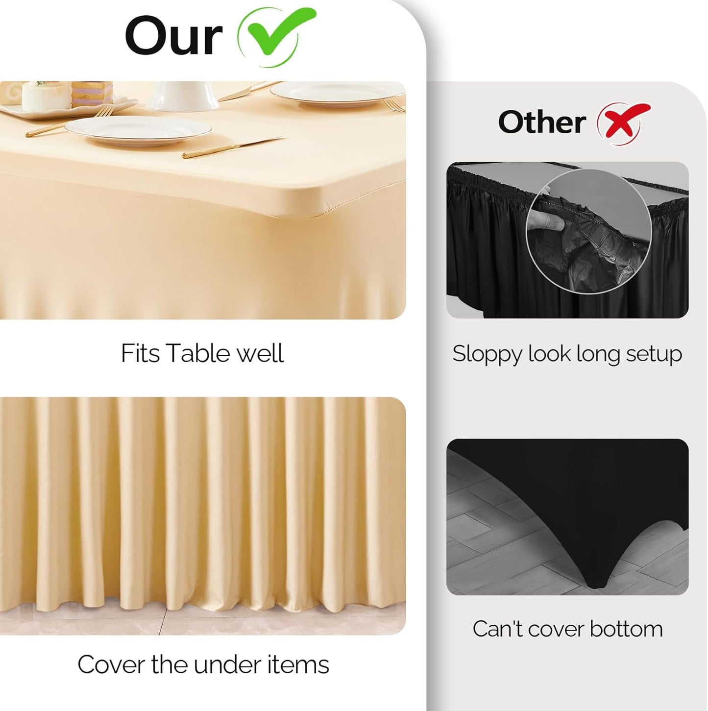 Wish Care 2 Pack Champagne Spandex Table Clothes for 8 Foot Rectangle Tables, 8FT Wrinkle Free Fitted Tablecloths Ruffles Design Table Cover for Party, Banquet, Wedding and Events