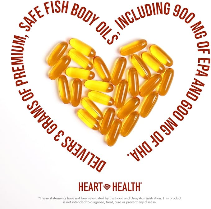 Heart Health Essential Omega 3 Fish Oil with Vitamin E - High Potency Omega 3 Fish Oil Supplement with EPA & DHA - Burpless Softgels from Sardines & Anchovies - Non-GMO, Gluten Free - 60 Servings