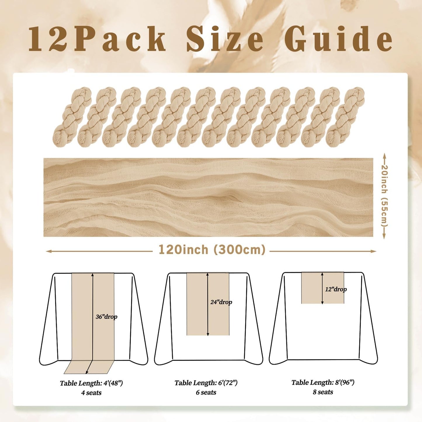 Sand 12 Pack 10FT Cheesecloth Table Runner 20 x 120 Inch Long Rustic Gauze Cheese Cloth Table Runner for Wedding Bridal Baby Shower Table Decorations Boho Fabric Sheer Birthday Party Table Decor