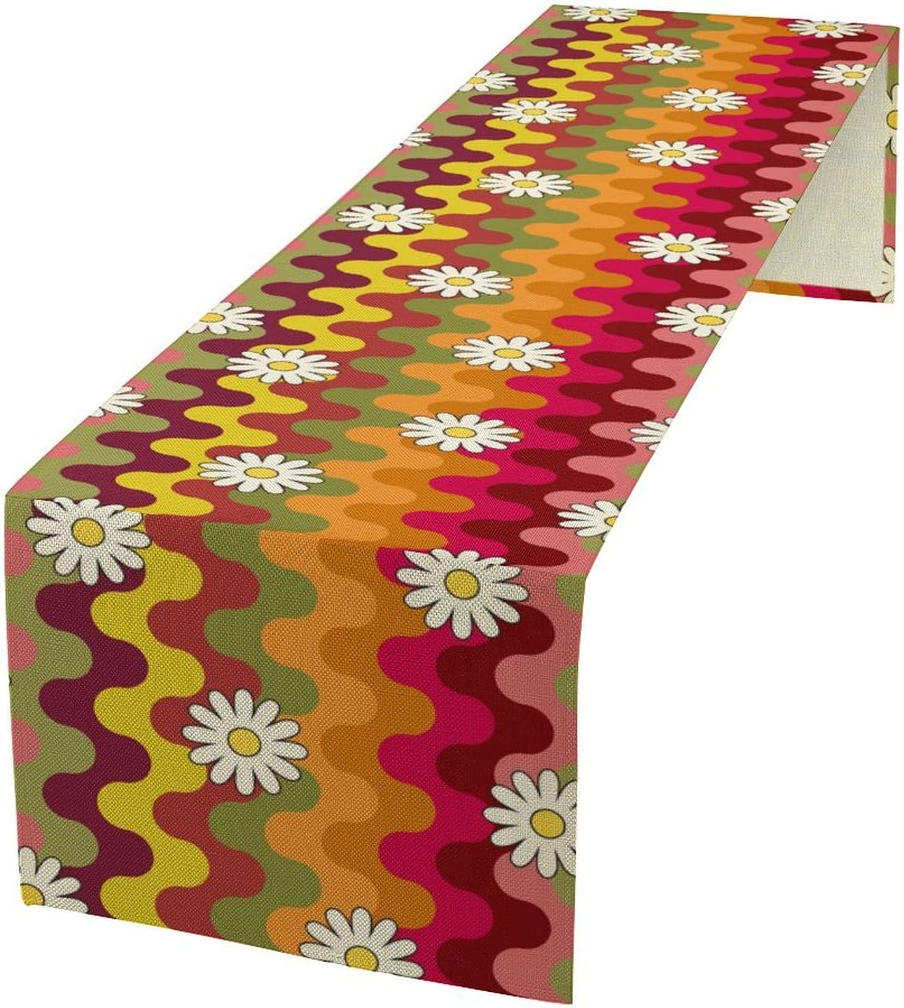 Vintage Floral Table Runner,60s 70s Colorful Retro Abstract Hippie Print Table Runner for Kitchen Dining Table Home Party Decoration 13x36 Inch