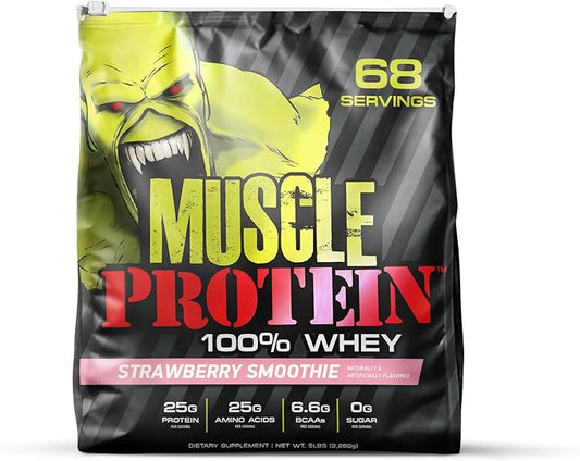Muscle Protein Whey Powder [5 lbs/Pack of 1]– Cold Filtered, 25g Pure Protein, 6.6g BCAAs (Packaging May Vary) (5LB, Strawberry)