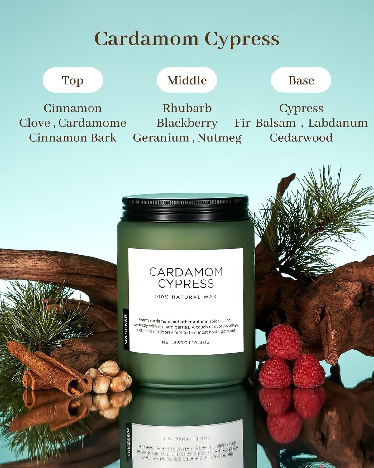 M&SENSE Spice Cardamom Cypress Large Soy Candles for Home Scented 2 Wick Large Soy Natural Candles 19.4oz 110 Hours Long Lasting Slow Burning, Christmas Holiday Woody Scented Winter Gifts