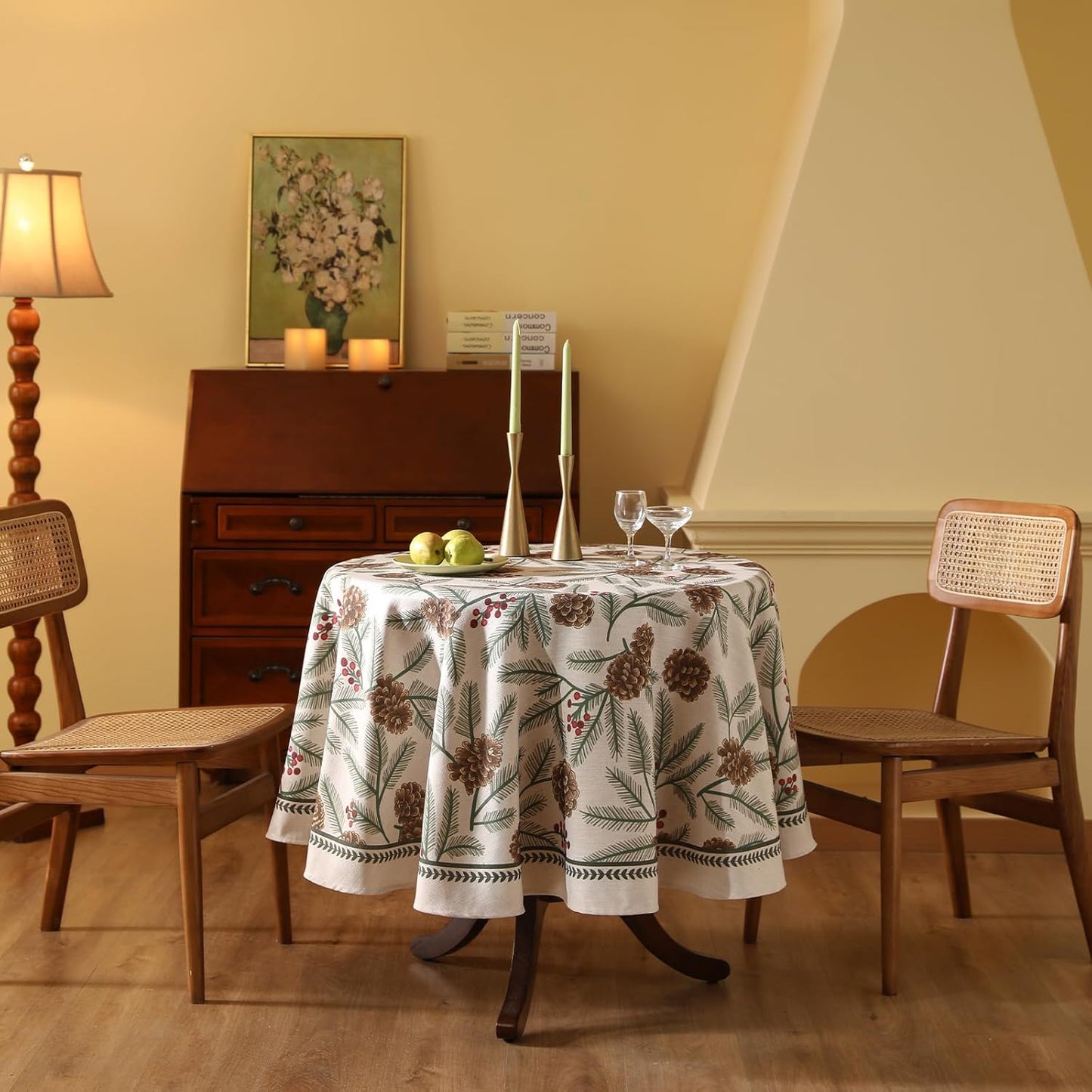 ISAENNE Designer Christmas Beige Linen Small Round Tablecloth,Pinecones Pattern Indoor Tablecloths,Washable Decor Table Cloth for Dining Thanksgiving Kitchen Christmas,Diameter 55"-Carol B