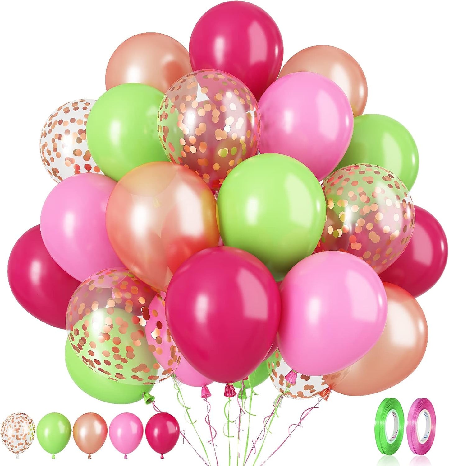 Paready Tropical Party Green Pink Balloons, 60 Pcs 12 Inch Green Hot Pink Rose Gold Confetti Balloons for Hawaiian Luau Theme Party Flamingo Wild Birthday Baby Shower Wedding Decorations