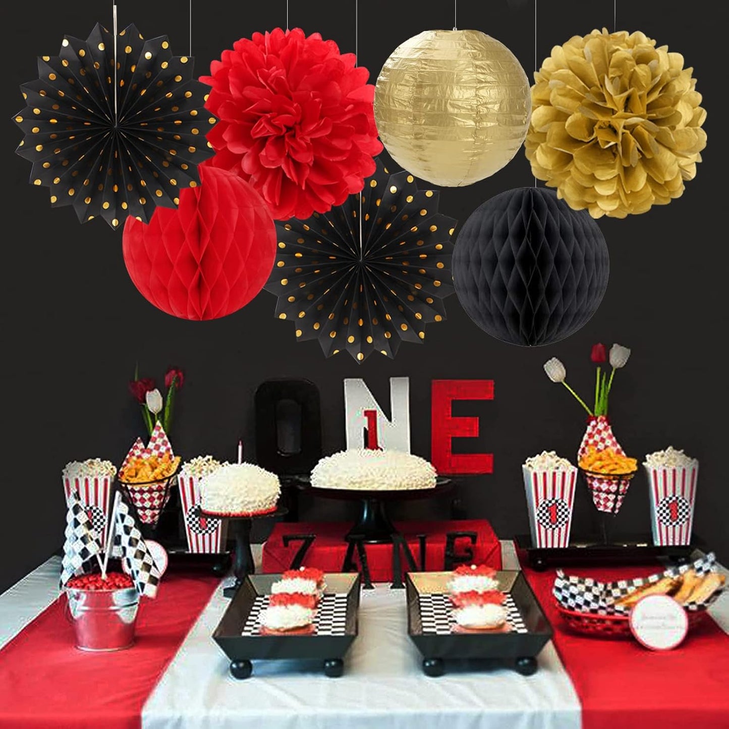 Red-Black Gold Party Decorations Streamers Lanterns - 14pcs Casino-Theme Graduation 2025 Paper Fan,Game Night Wedding Birthday Baby Bridal Shower Tissue Pom Poms,Honeycomb Balls Decor Ouruola